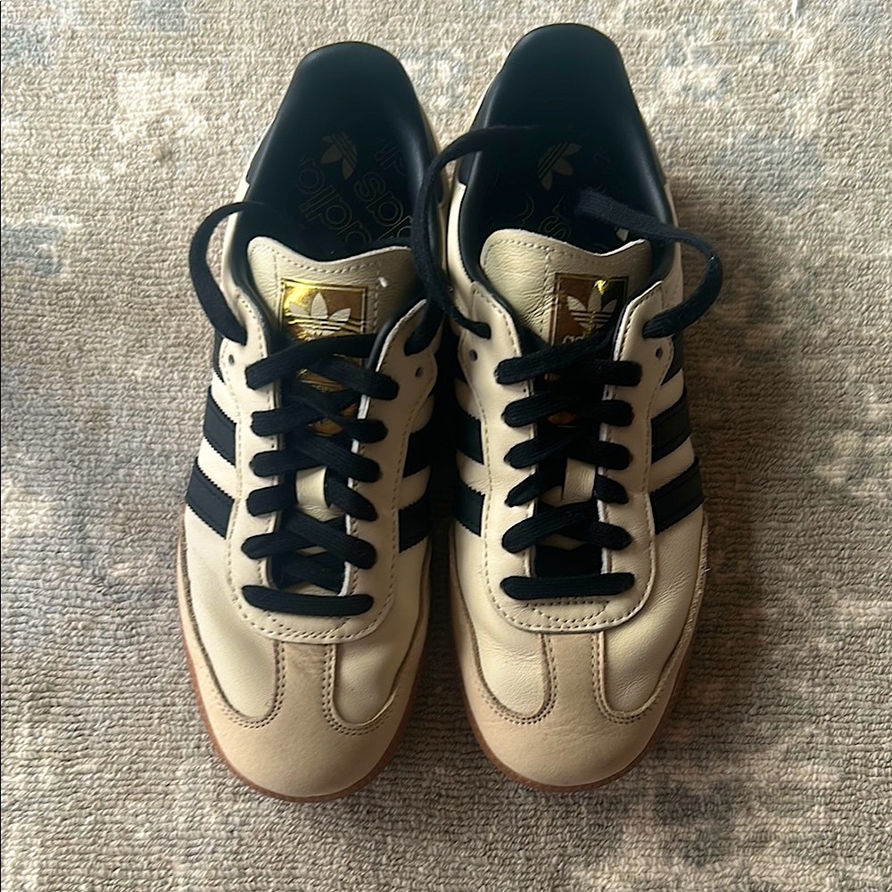 Adidas Women’s Samba Leather Sneakers in Cream and Black with Gold Logo